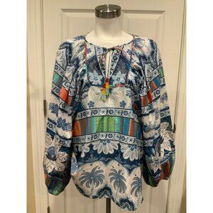 Farm Rio Blue Palms Multicolor Floral & Striped Bohemian Blouse Top, Size L